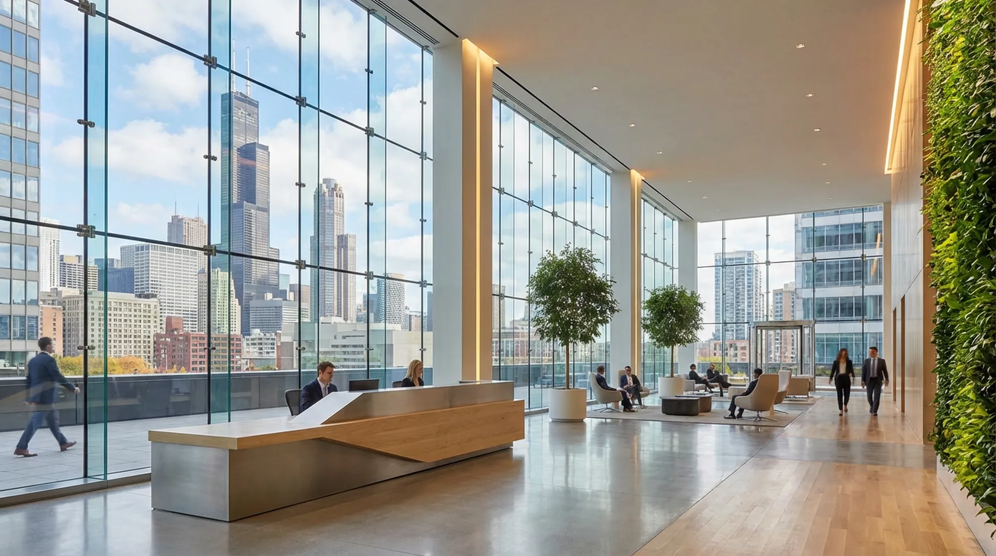 Wnętrze centrum biurowego — ilustracja lokalizacji sorghumgln.info przy Michigan Avenue w Chicago